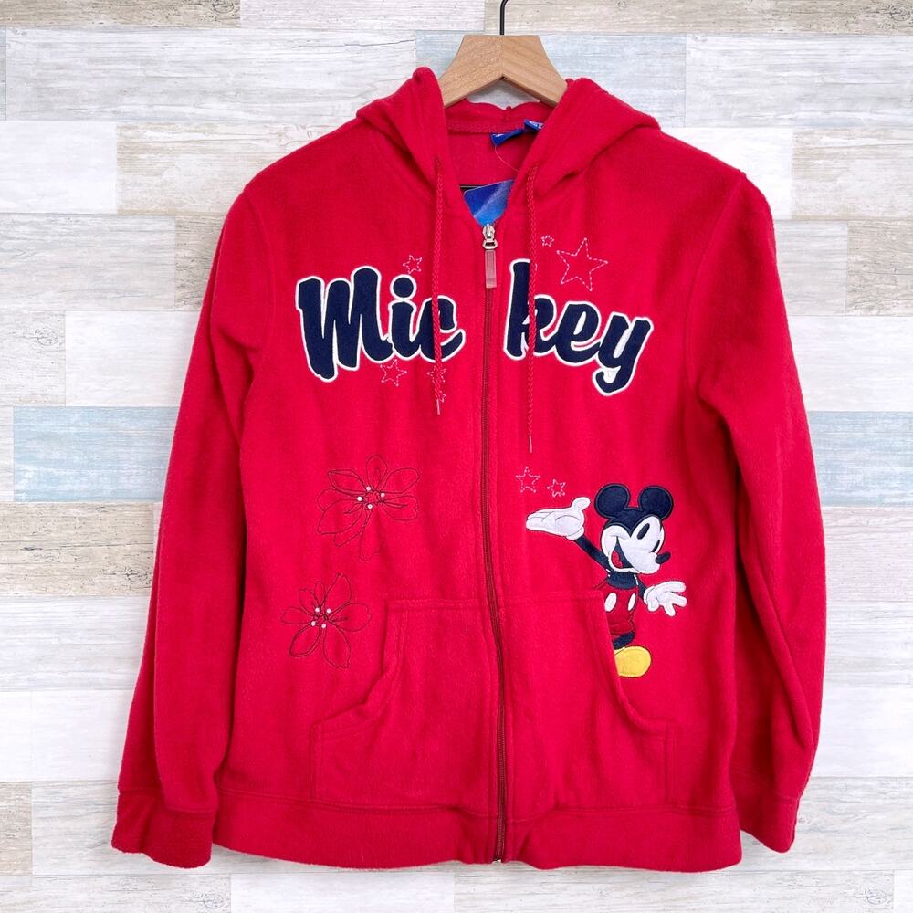 Disney Mickey Winter Fleece Hooded Zip Jacket Red Kangaroo Pocket Womens Small